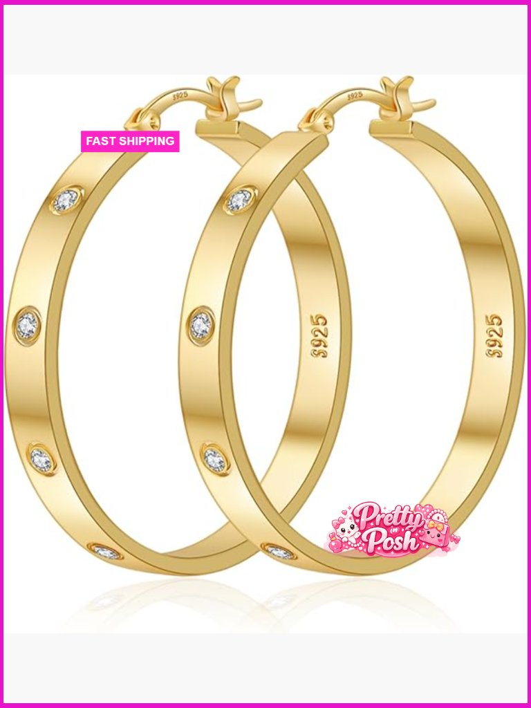 Sterling Silver Hoop Earrings 14k Gold Plated Rhinestone Sparkly